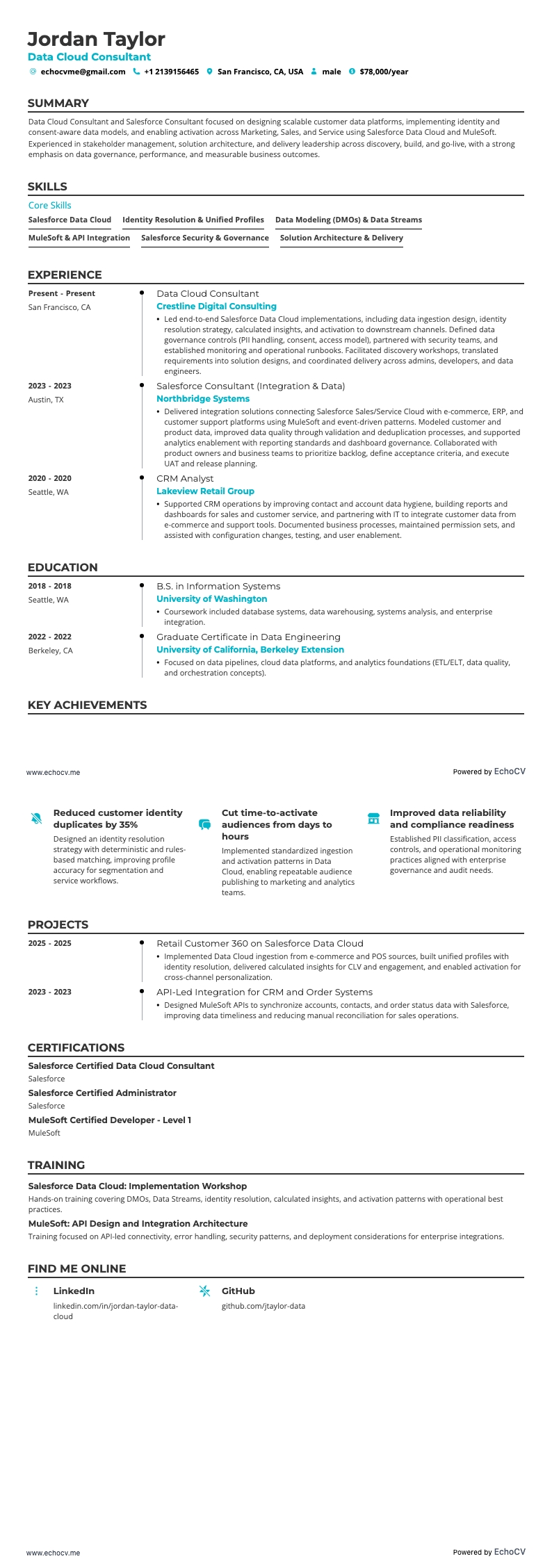 Data Cloud Consultant example resume