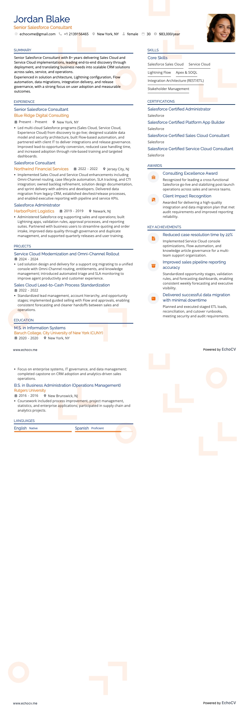 Senior Salesforce Consultant example resume