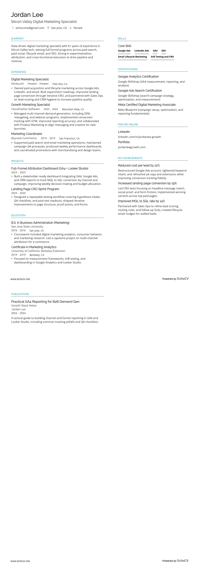 Silicon Valley Digital Marketing Specialist example resume