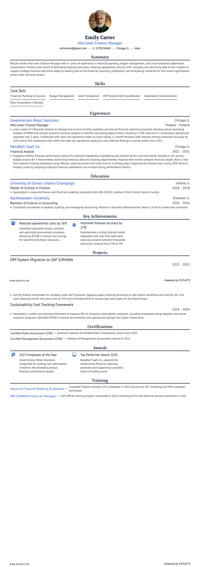 Mid-Level Finance Manager example resume