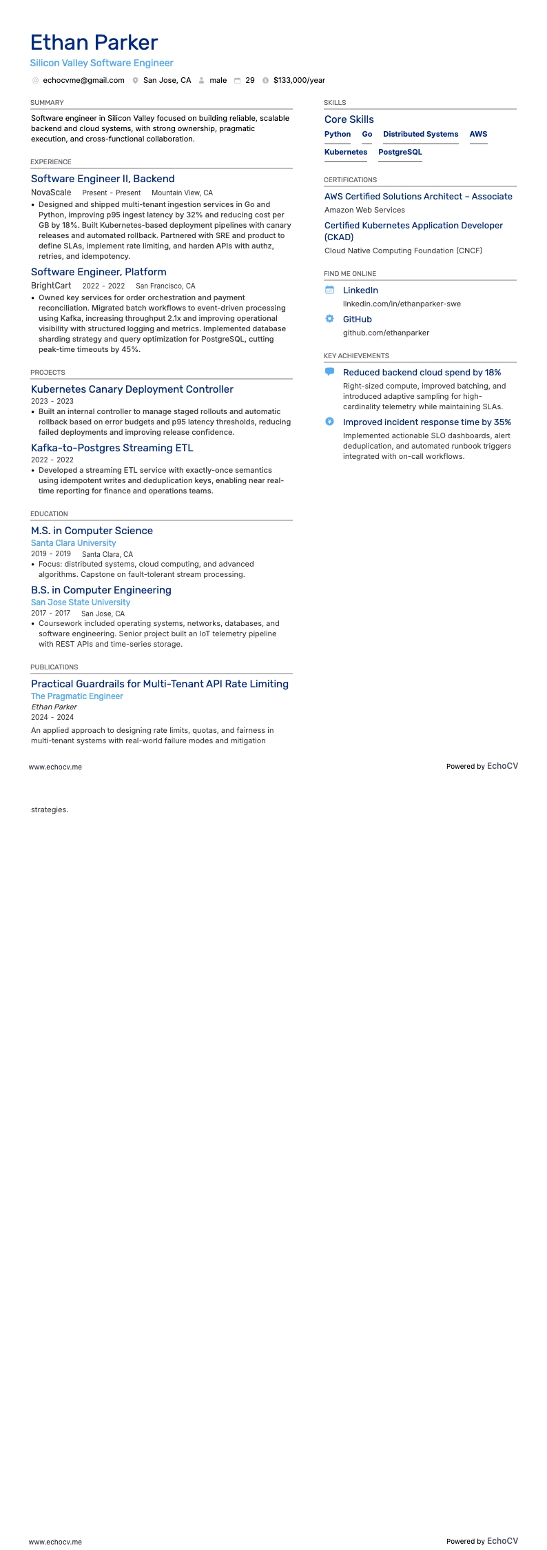 Silicon Valley Software Engineer example resume