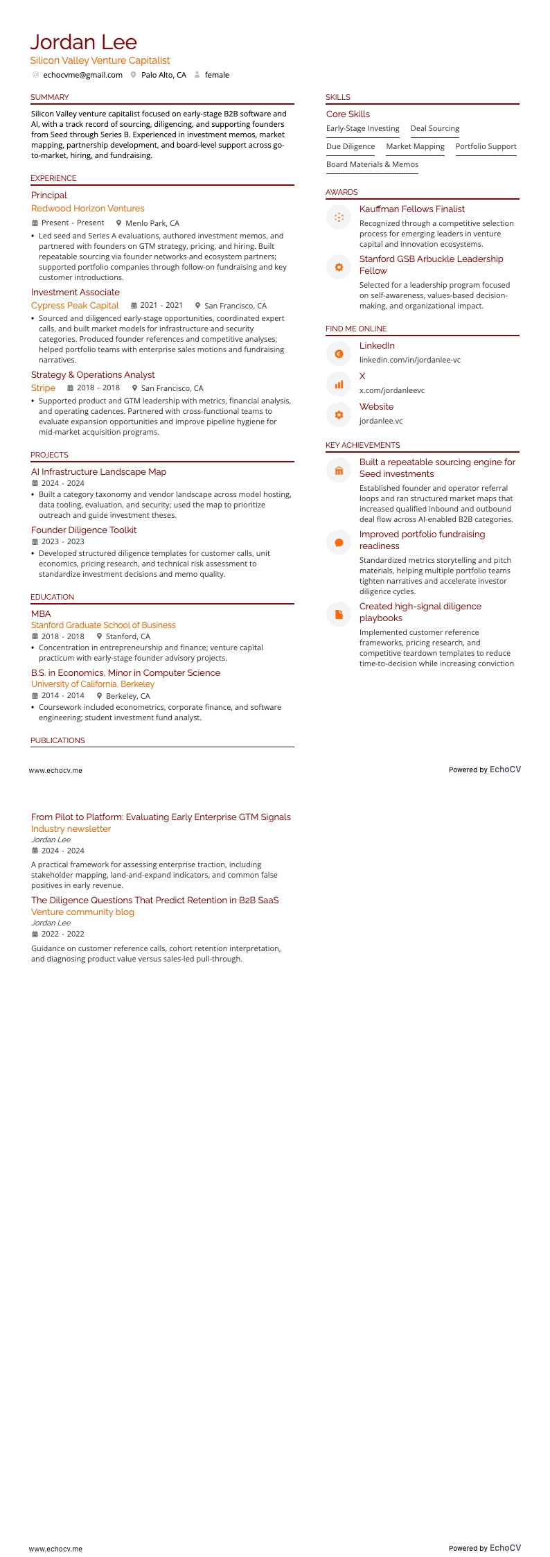 Silicon Valley Venture Capitalist example resume