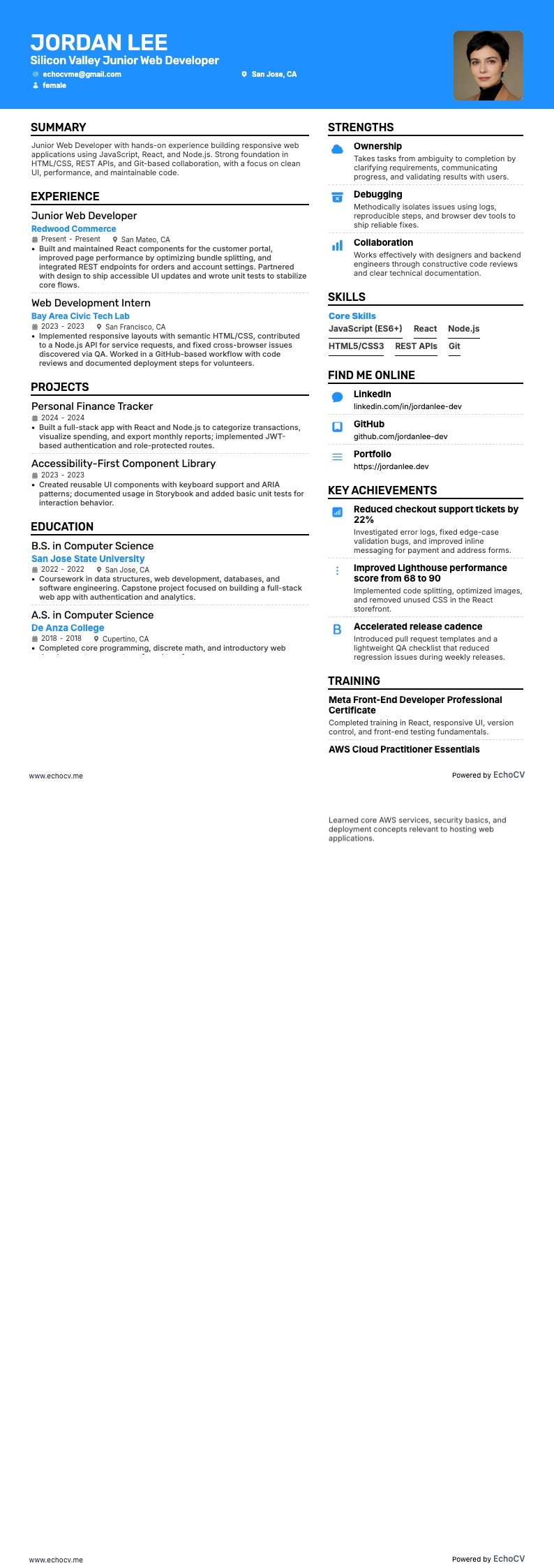 Silicon Valley Junior Web Developer example resume