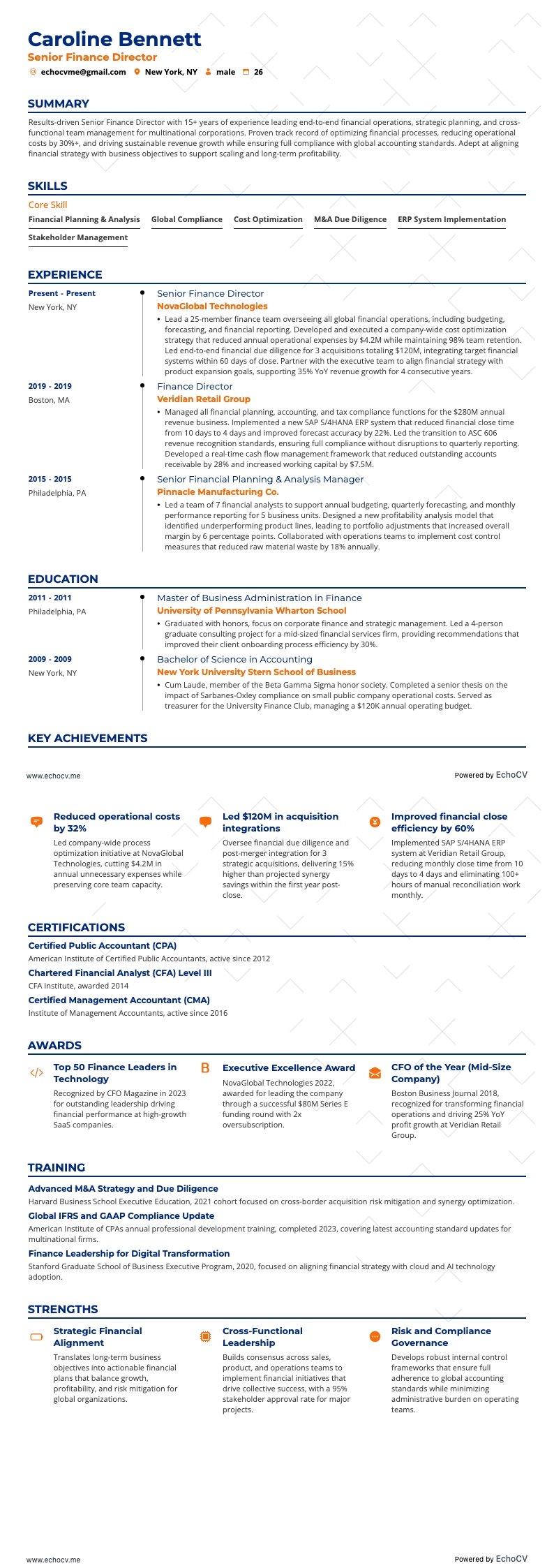 Senior Finance Director example resume