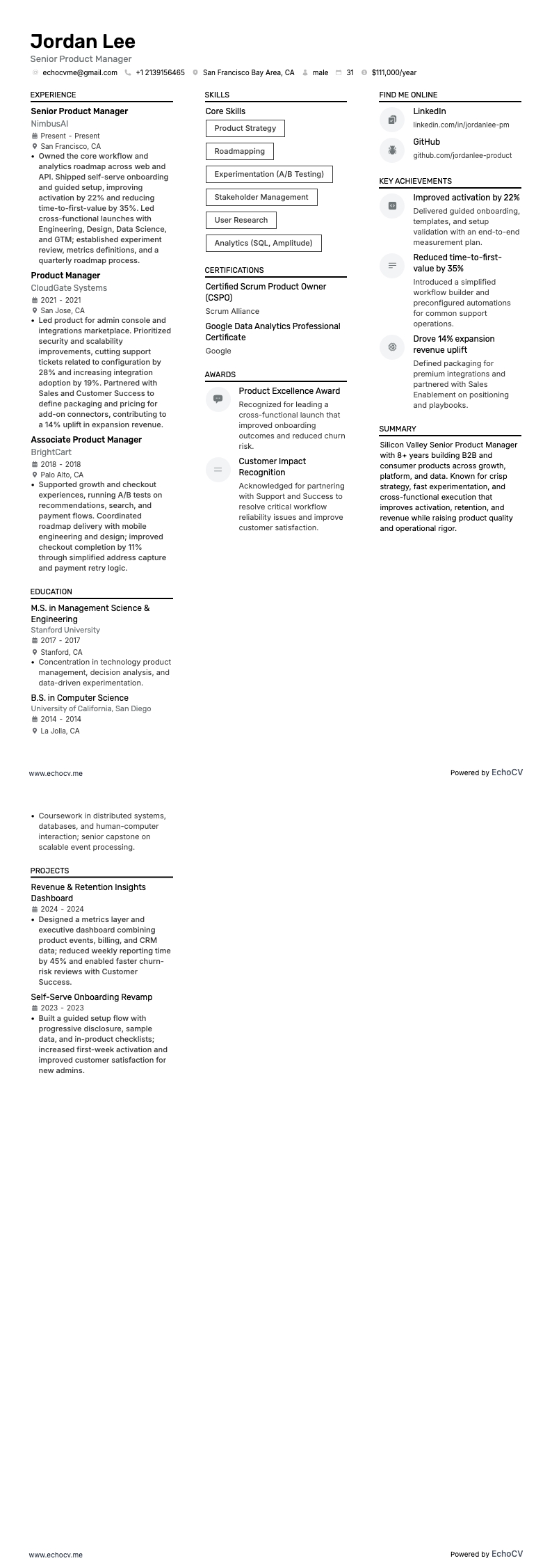 Silicon Valley Senior Product Manager example resume