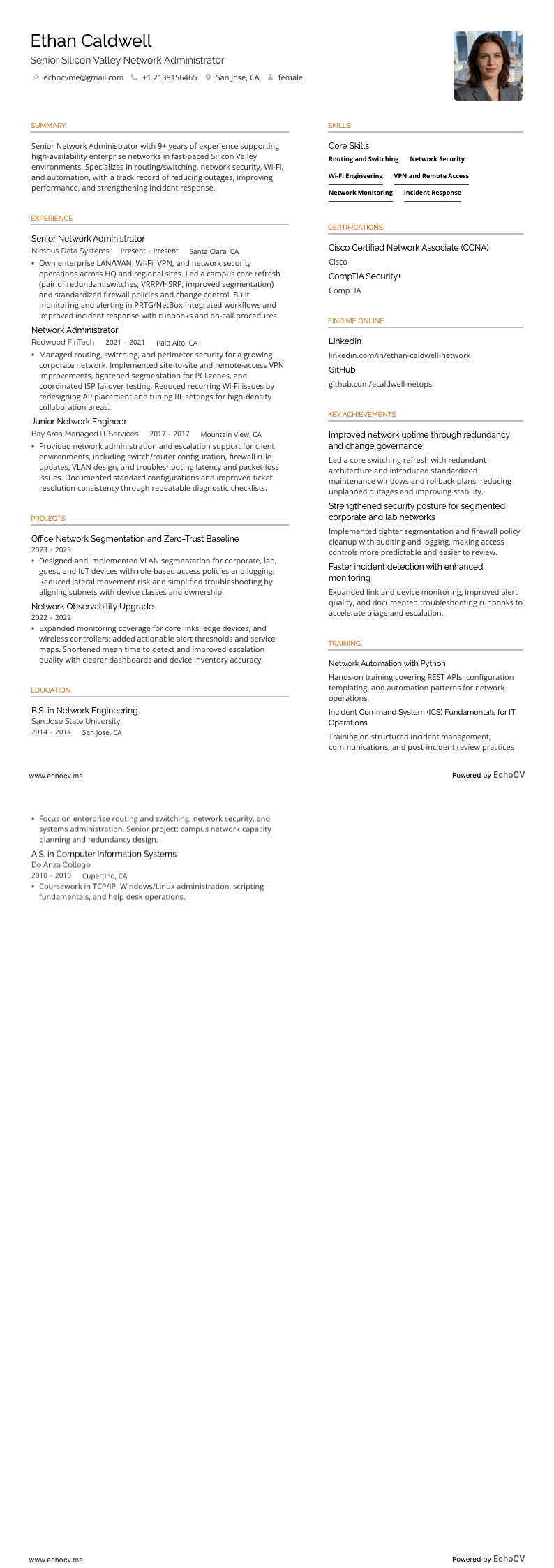 Senior Silicon Valley Network Administrator example resume