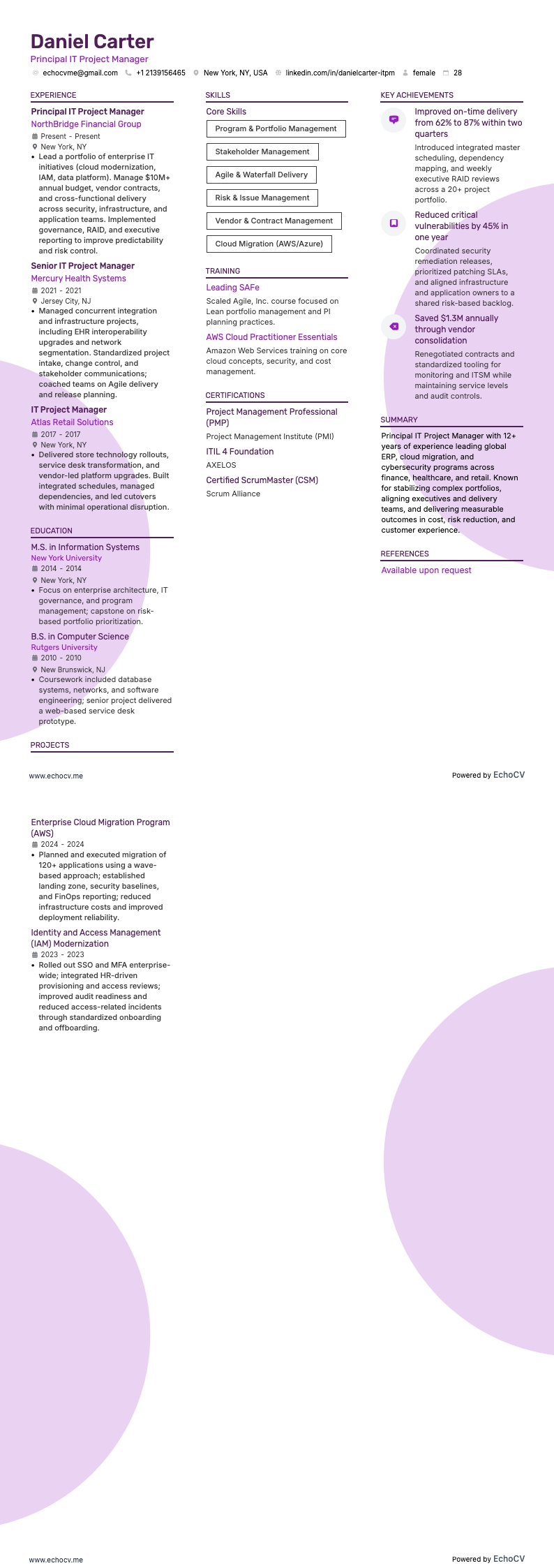 Principal IT Project Manager example resume