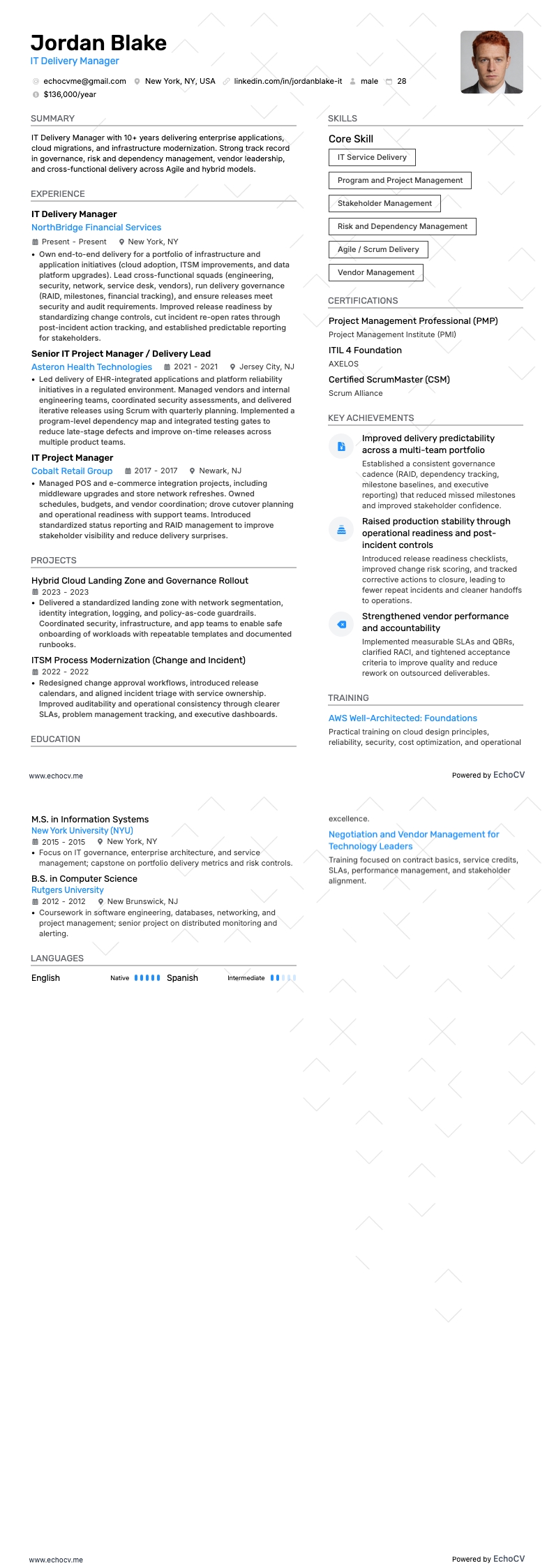 IT Delivery Manager example resume