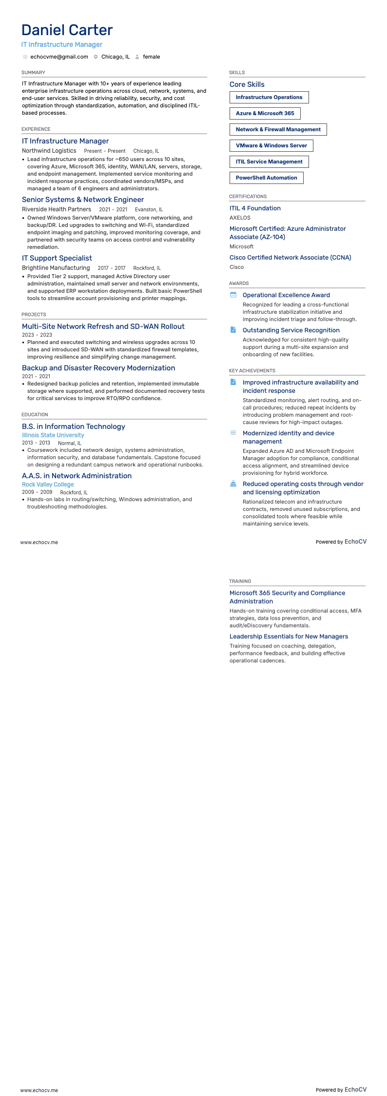 IT Infrastructure Manager example resume