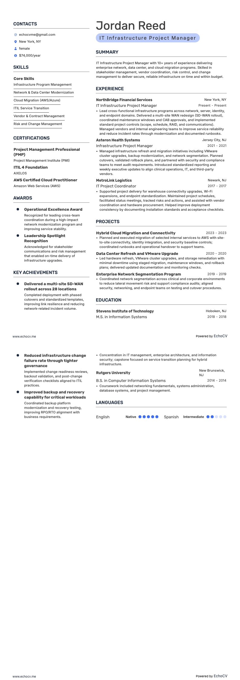 IT Infrastructure Project Manager example resume