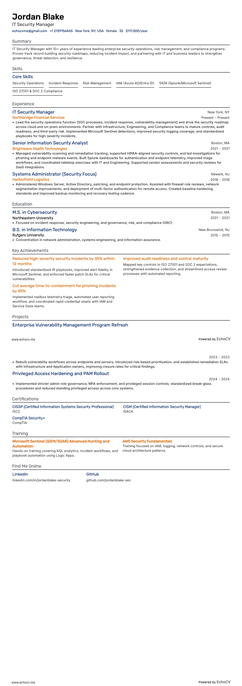 IT Security Manager example resume