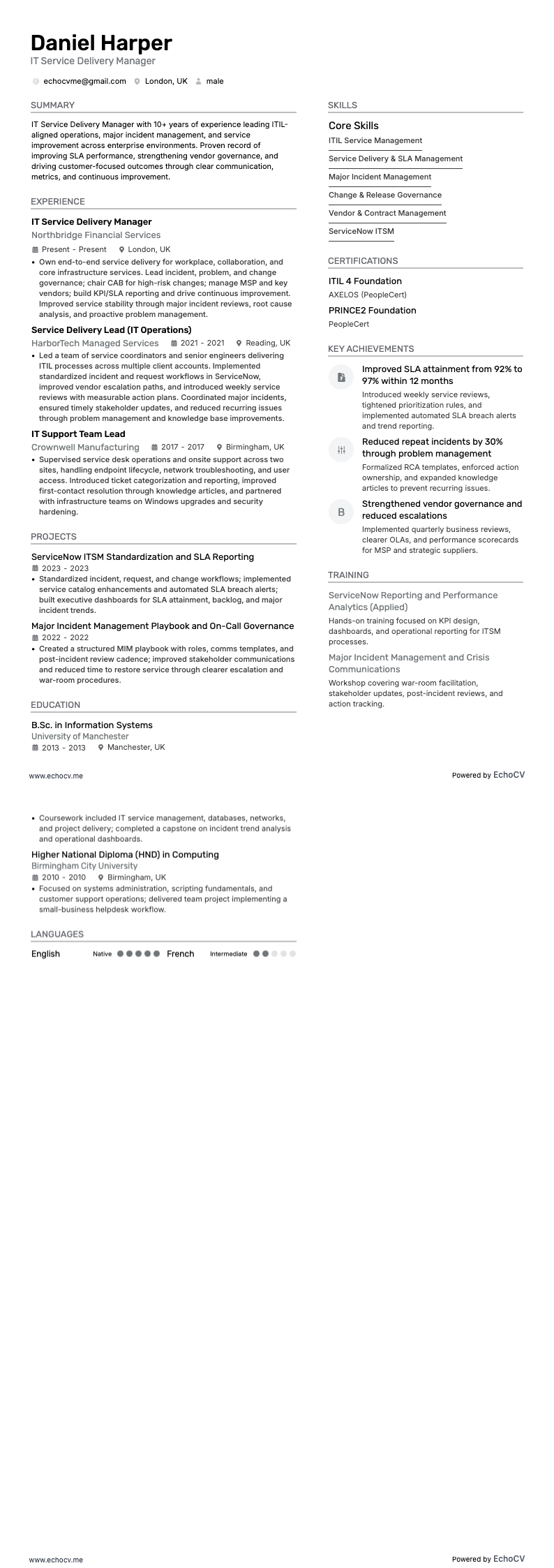 IT Service Delivery Manager example resume
