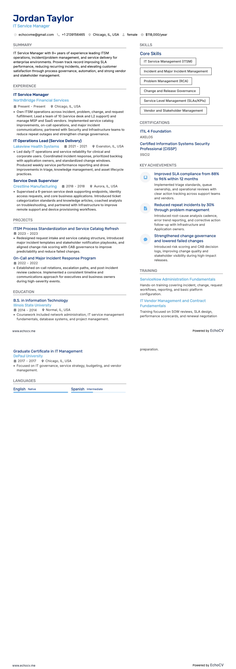 IT Service Manager example resume