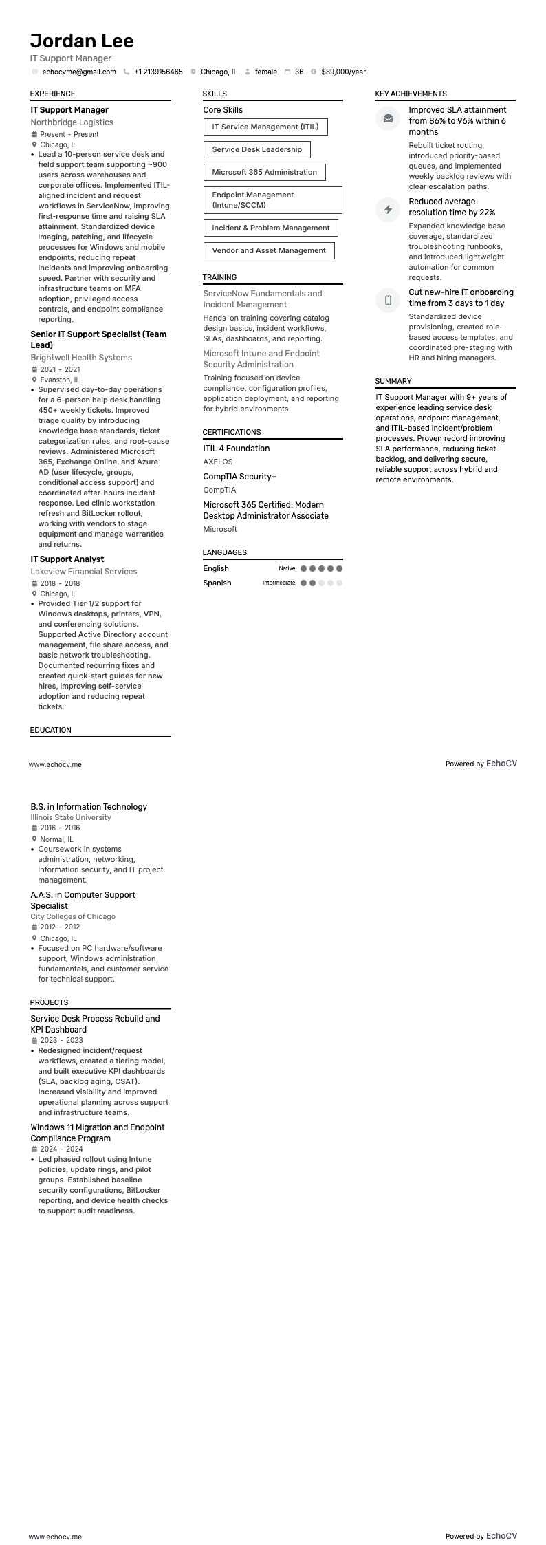IT Support Manager example resume