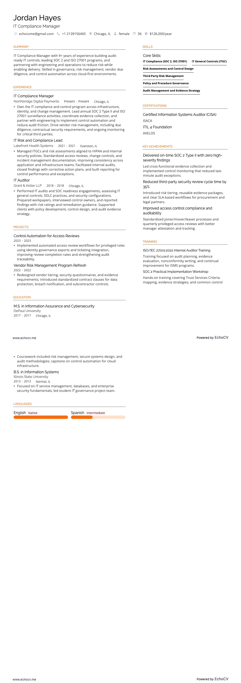 IT Compliance Manager example resume