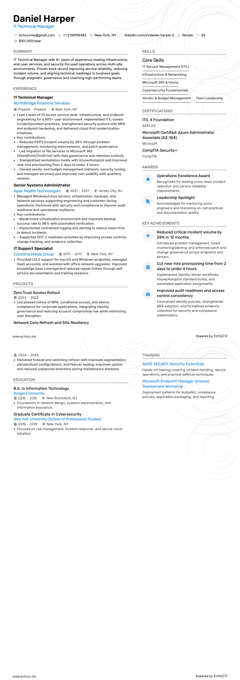 IT Technical Manager example resume