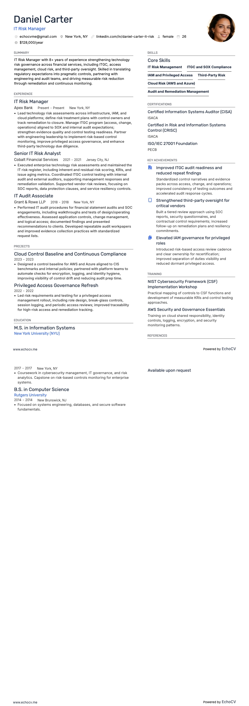 IT Risk Manager example resume
