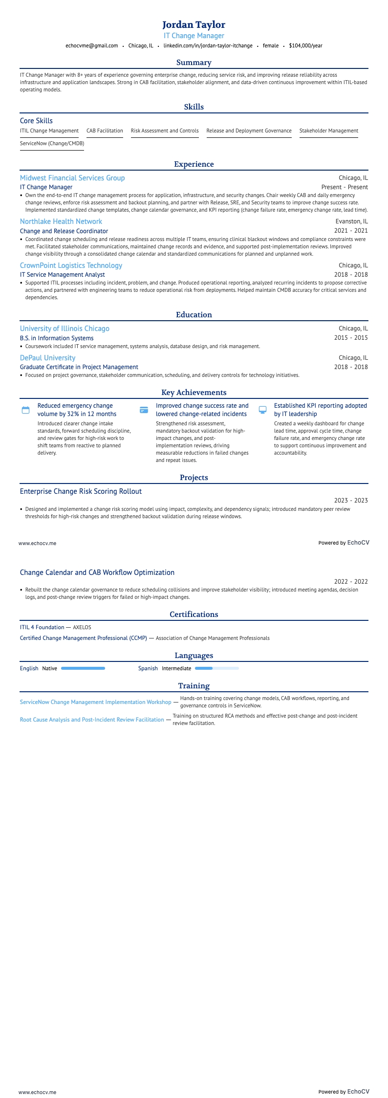 IT Change Manager example resume