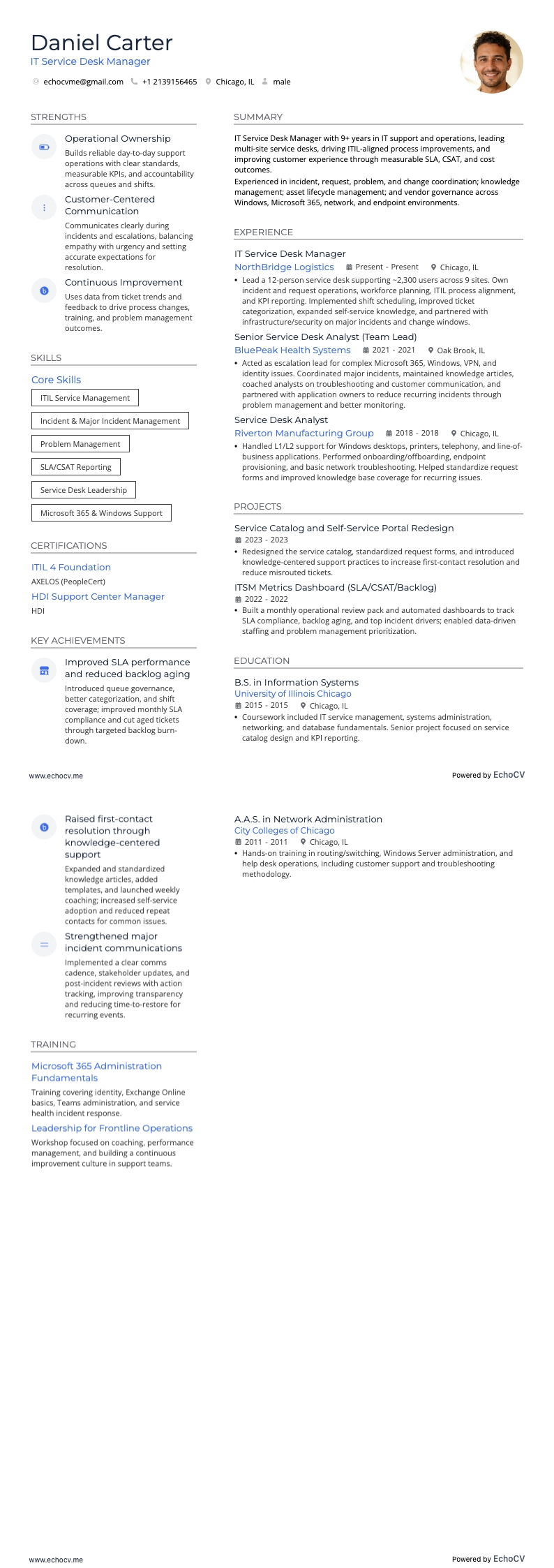 IT Service Desk Manager example resume