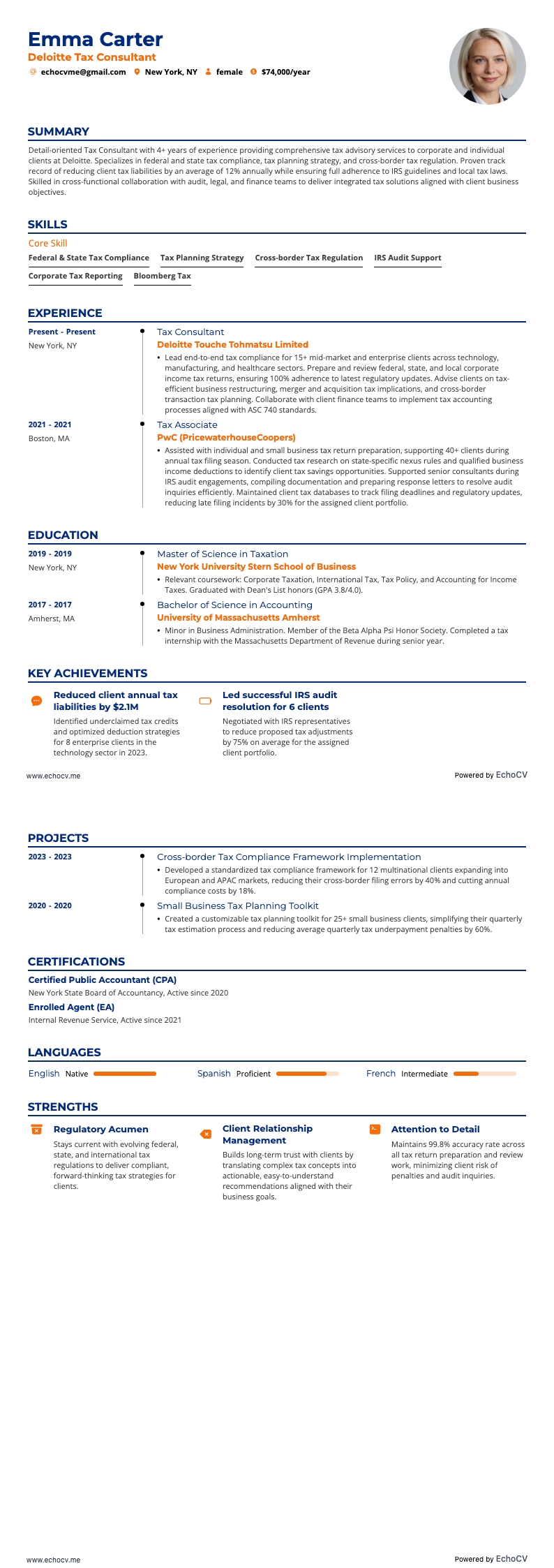 Deloitte Tax Consultant example resume