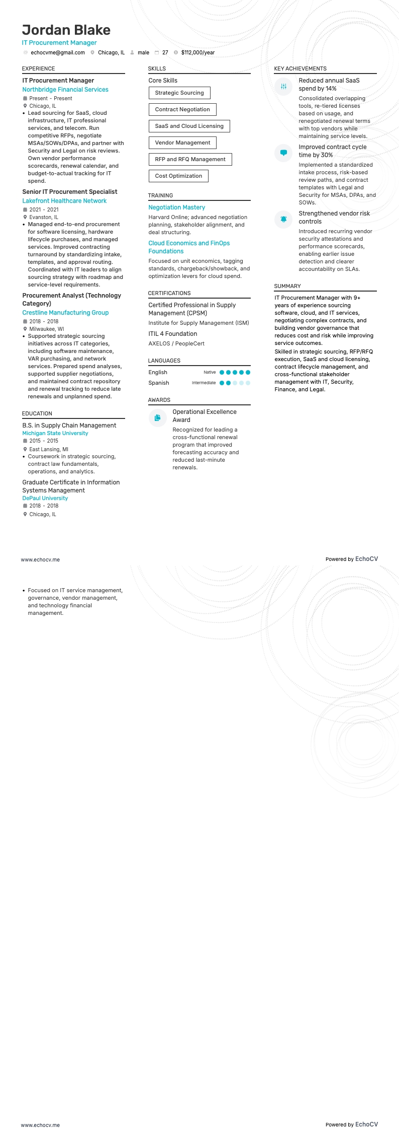 IT Procurement Manager example resume
