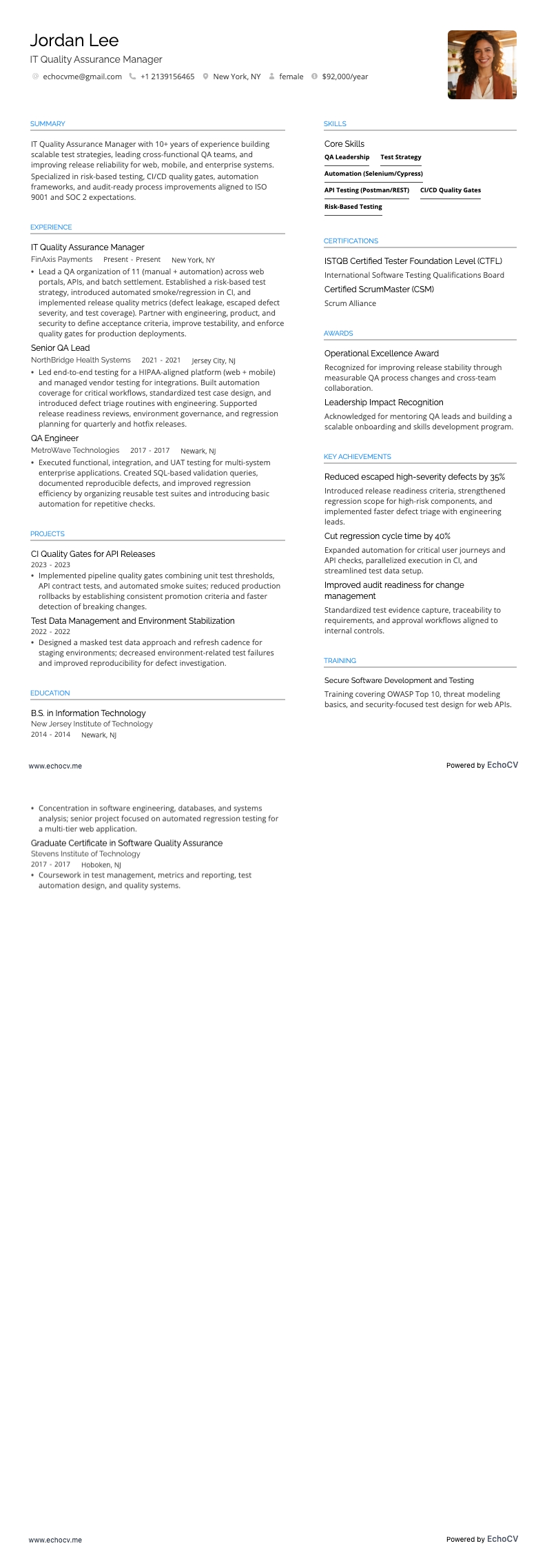 IT Quality Assurance Manager example resume