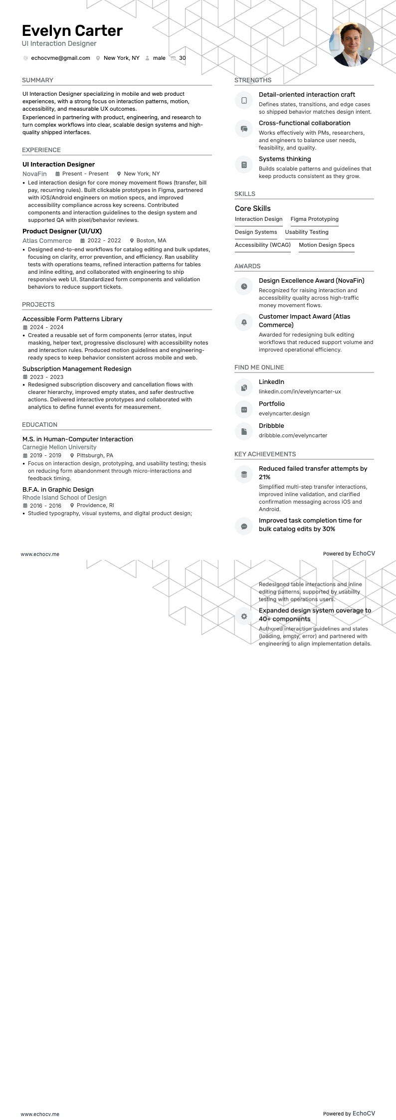 UI Interaction Designer example resume