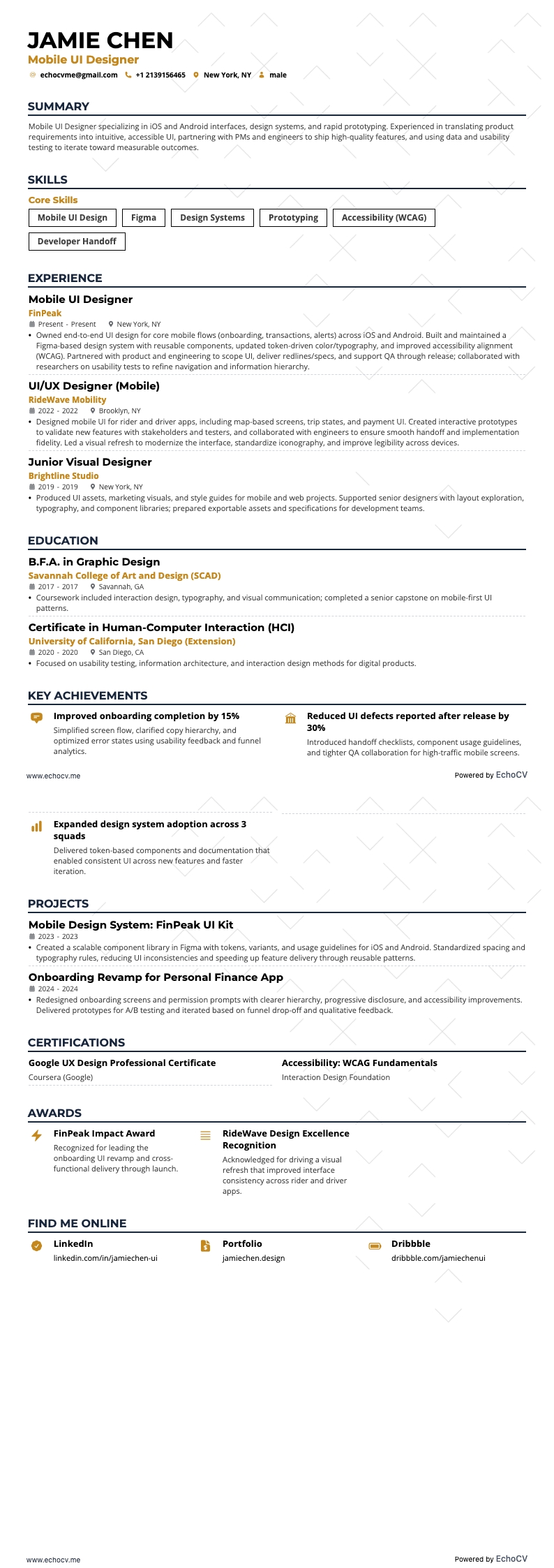 Mobile UI Designer example resume