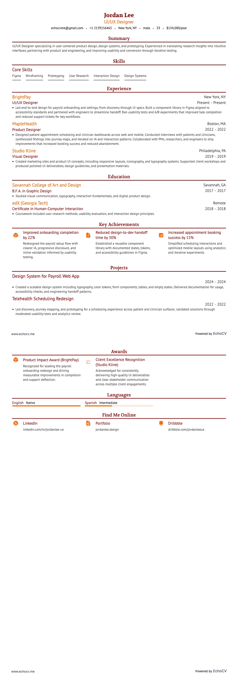 UI/UX Designer example resume