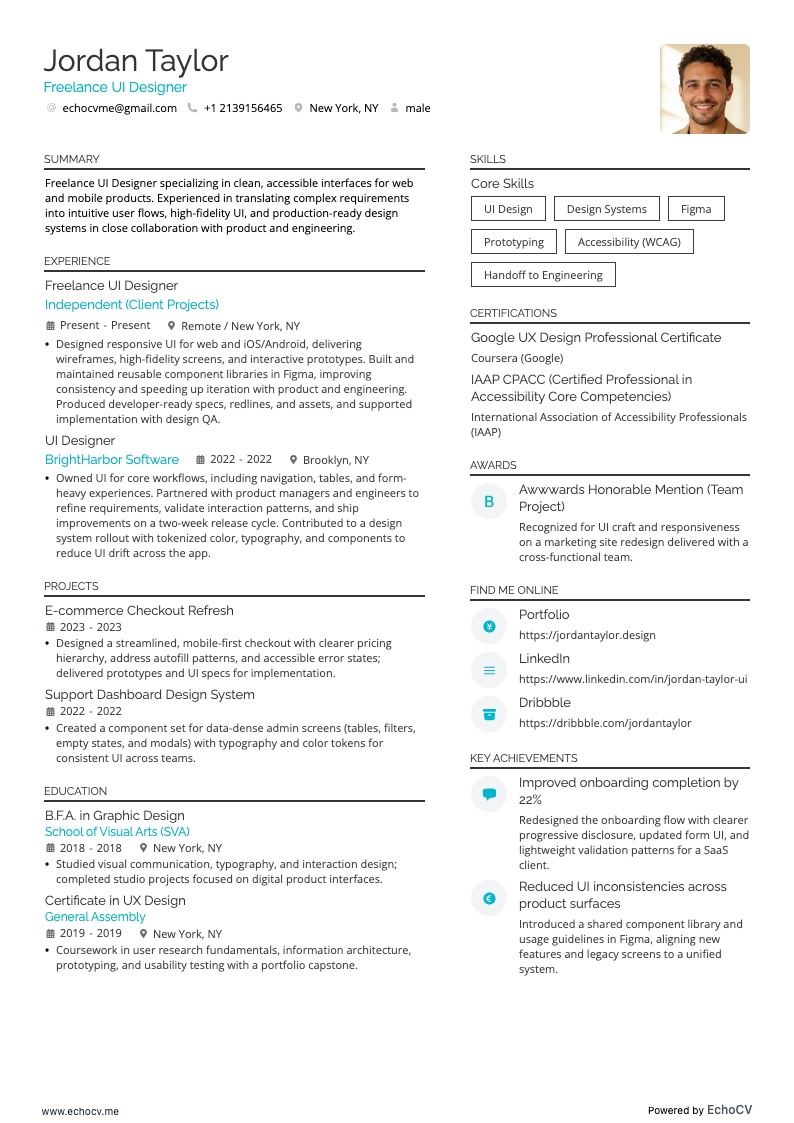 Freelance UI Designer example resume