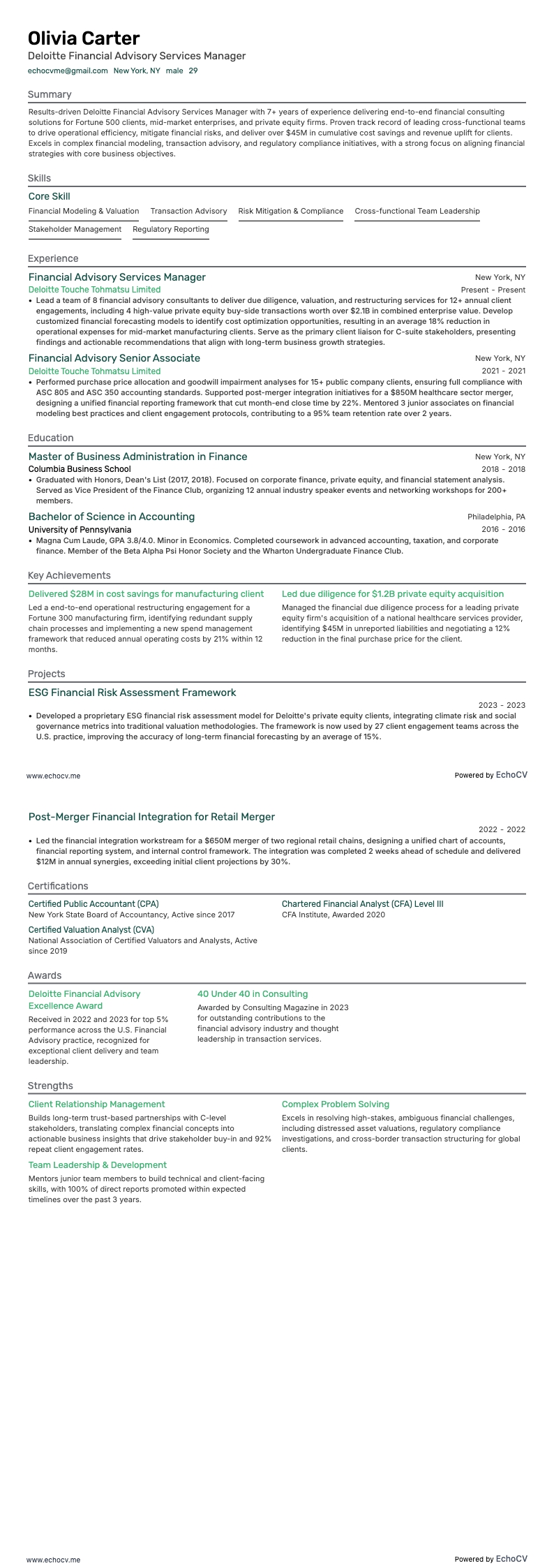 Deloitte Financial Advisory Services Manager example resume