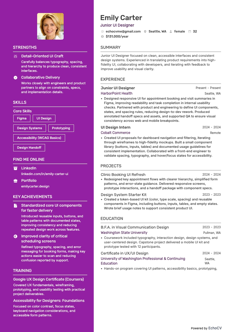 Junior UI Designer example resume