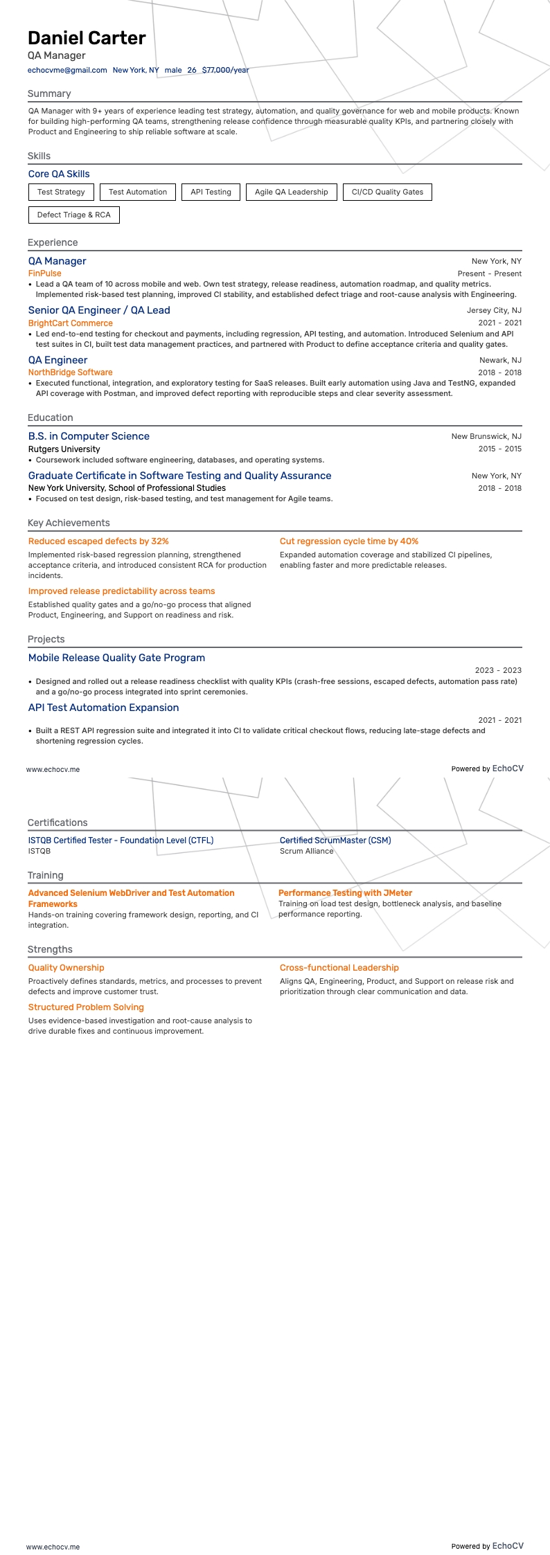 QA Manager example resume