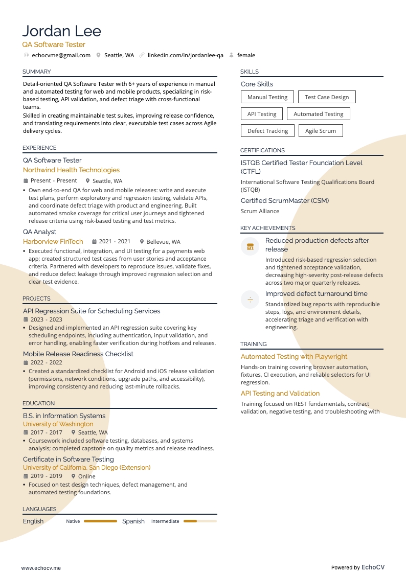 QA Software Tester example resume