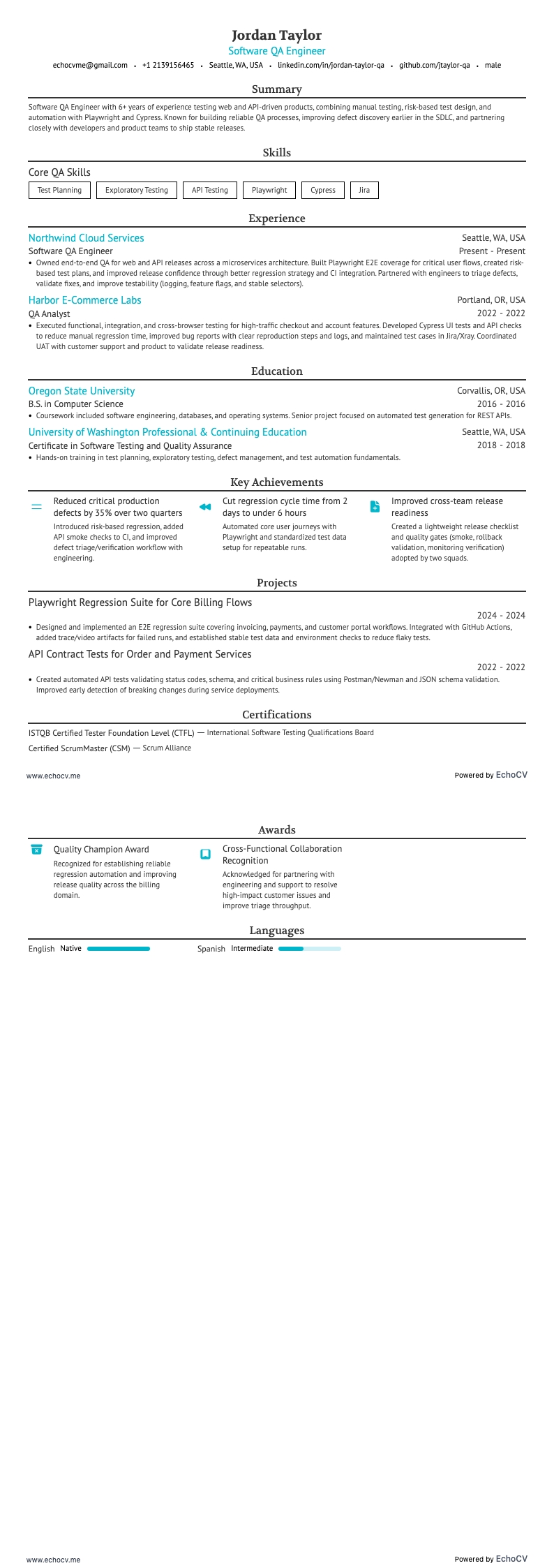 Software QA Engineer example resume