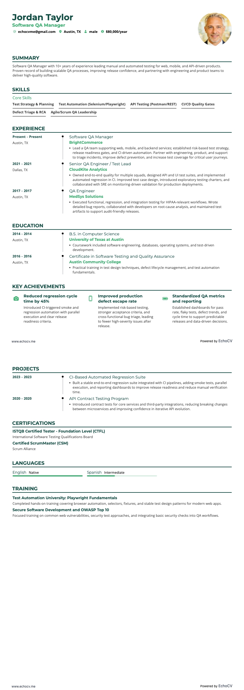 Software QA Manager example resume