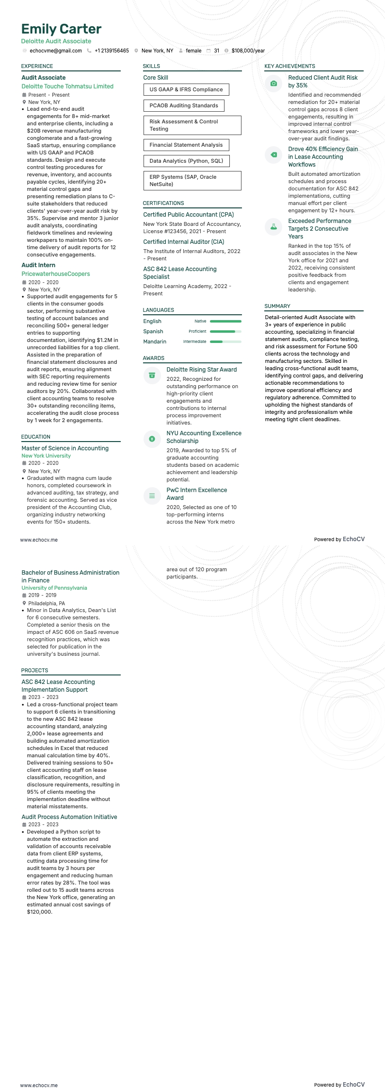 Deloitte Audit Associate example resume