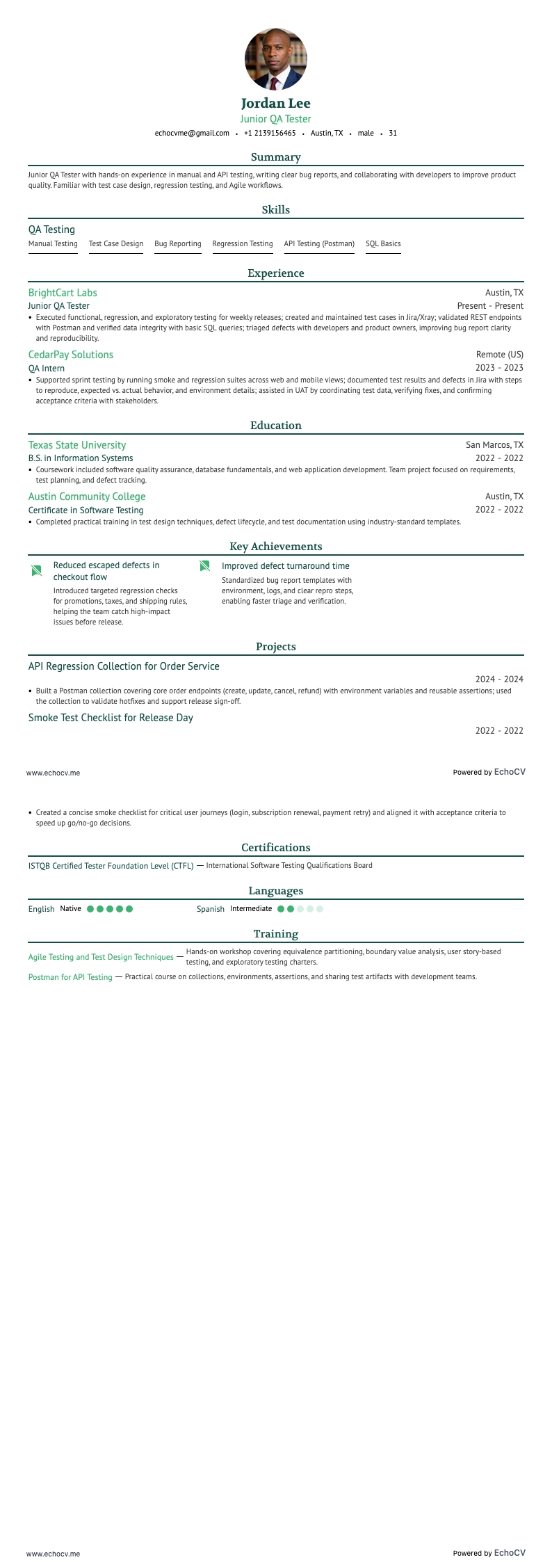 Junior QA Tester example resume