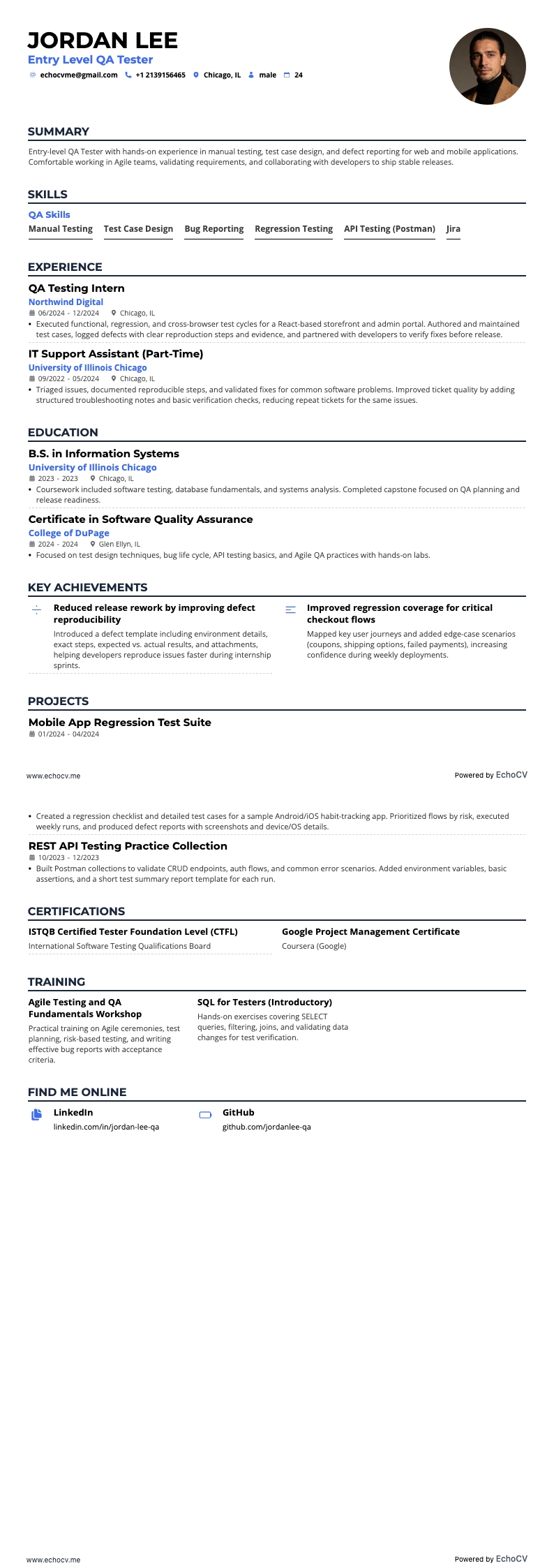 Entry Level QA Tester example resume