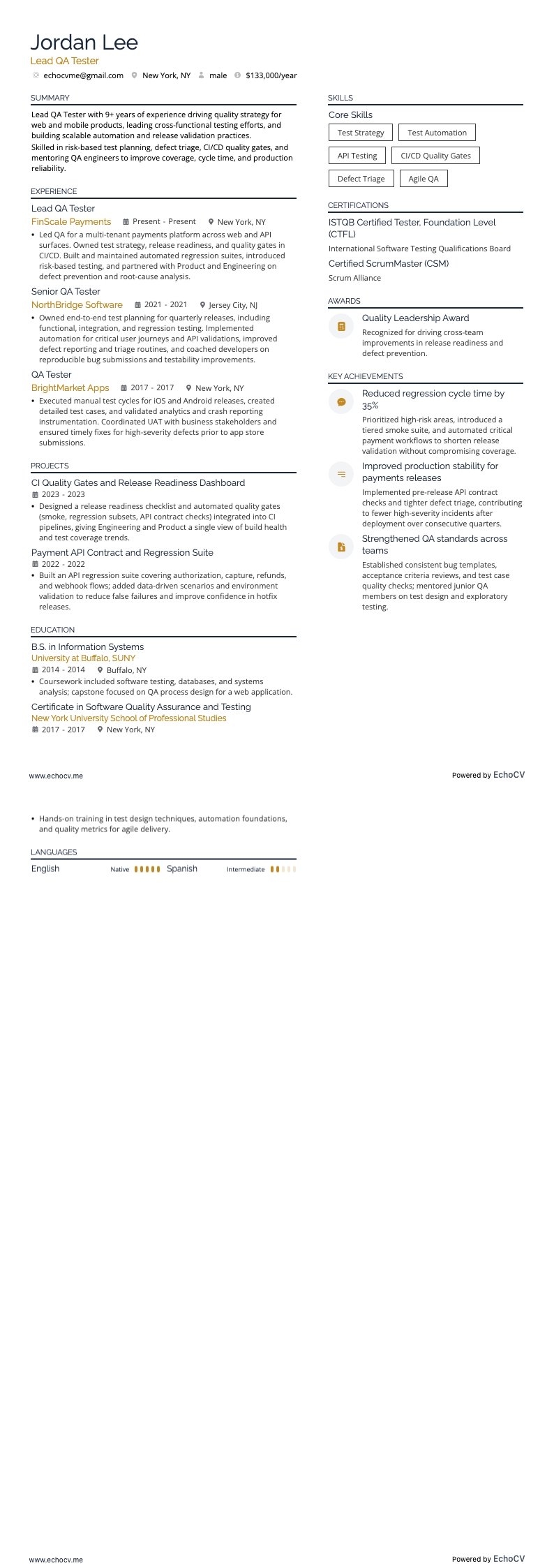 Lead QA Tester example resume