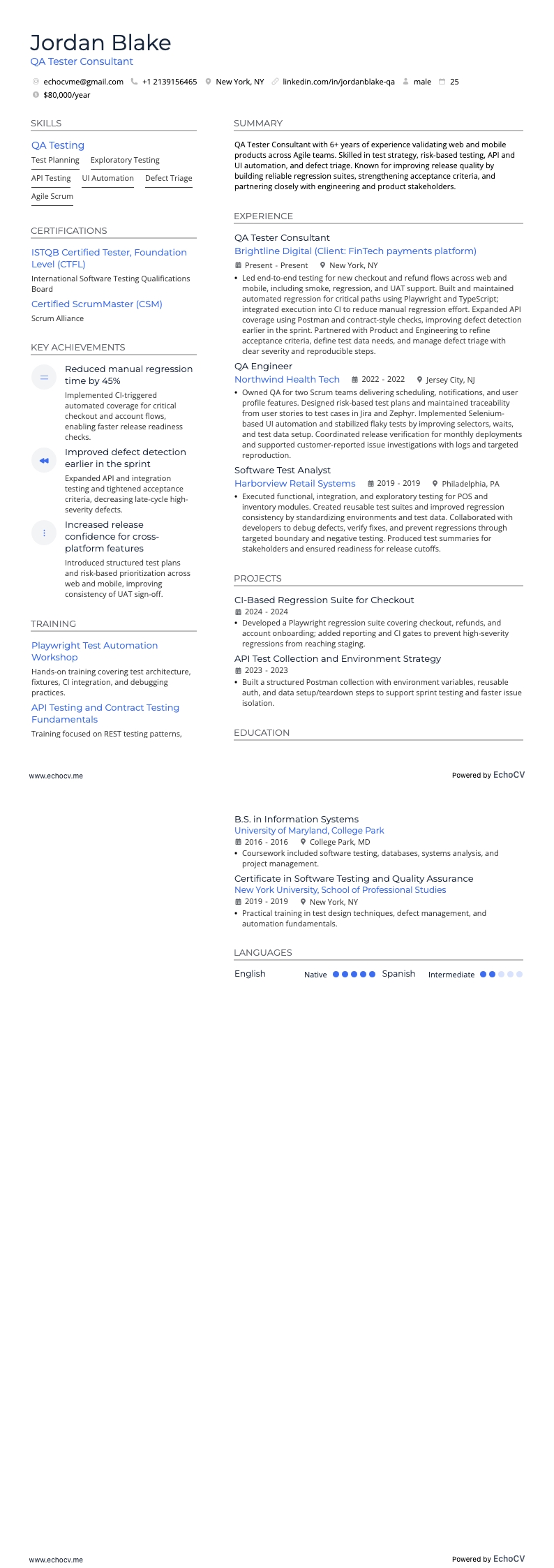 QA Tester Consultant example resume