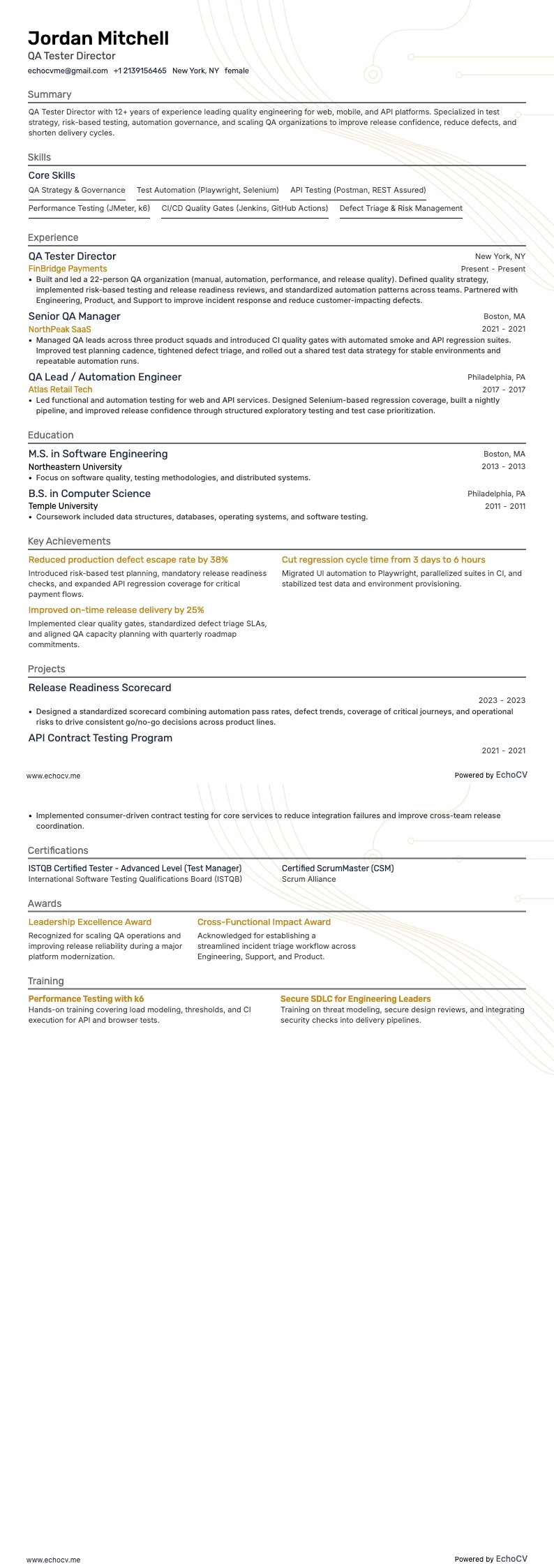 QA Tester Director example resume