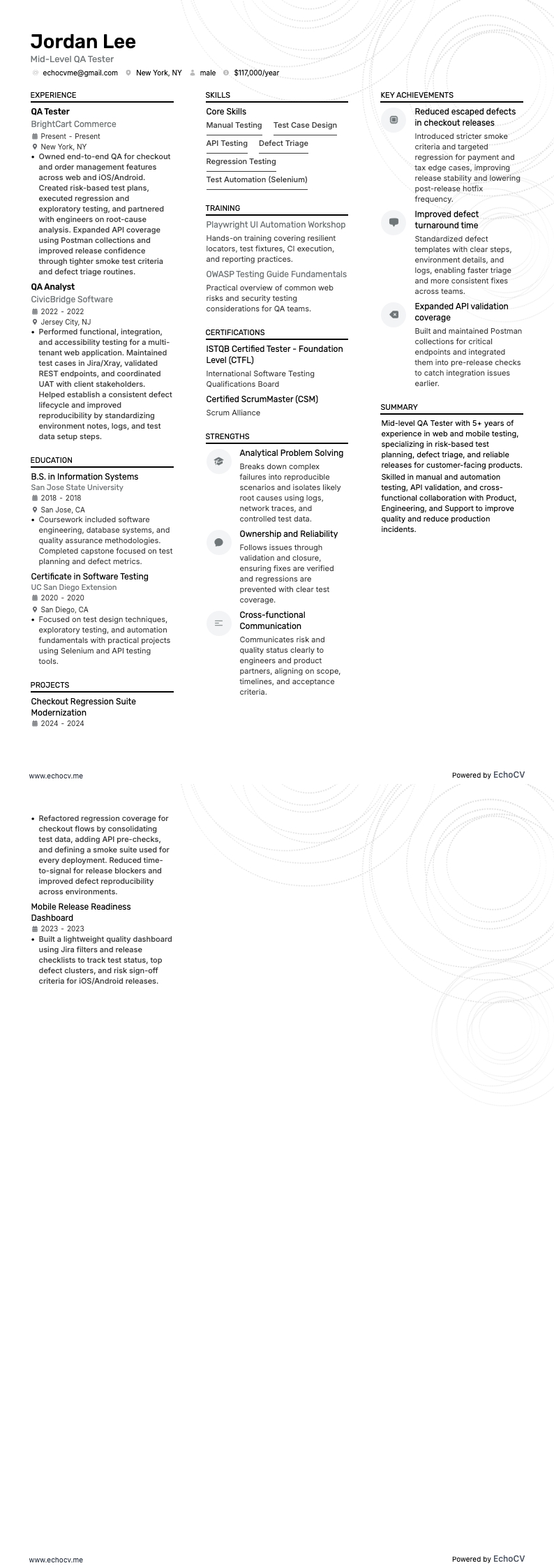 Mid-Level QA Tester example resume