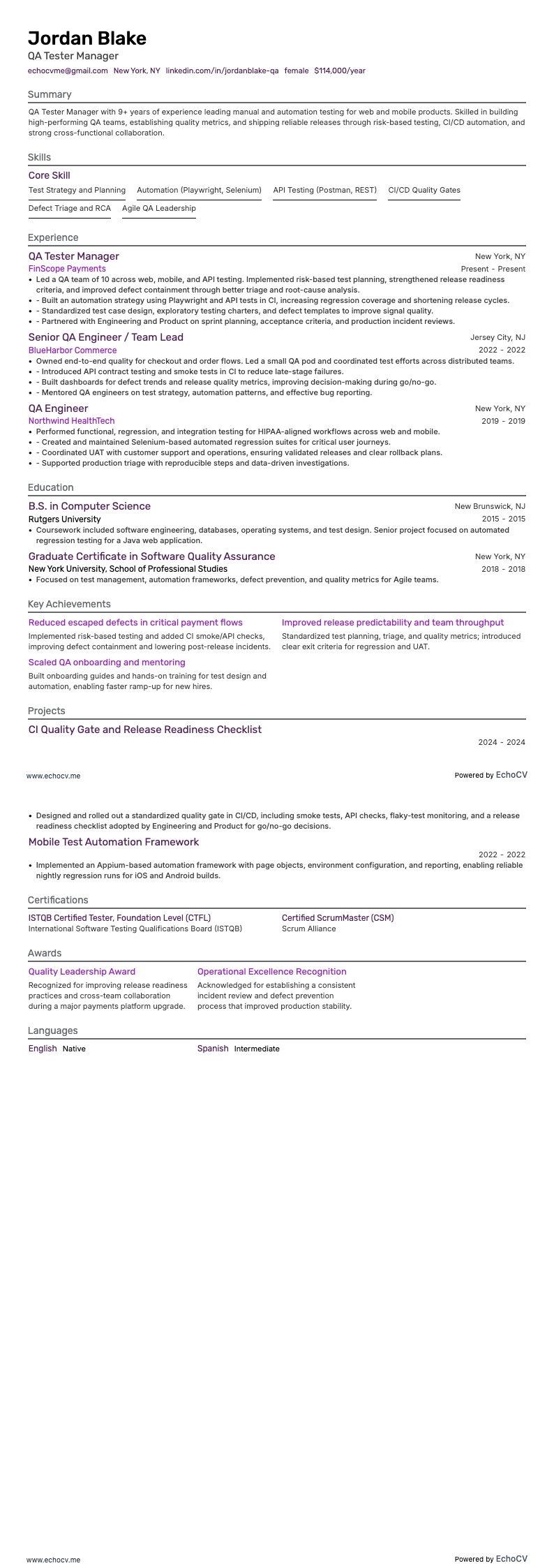 QA Tester Manager example resume