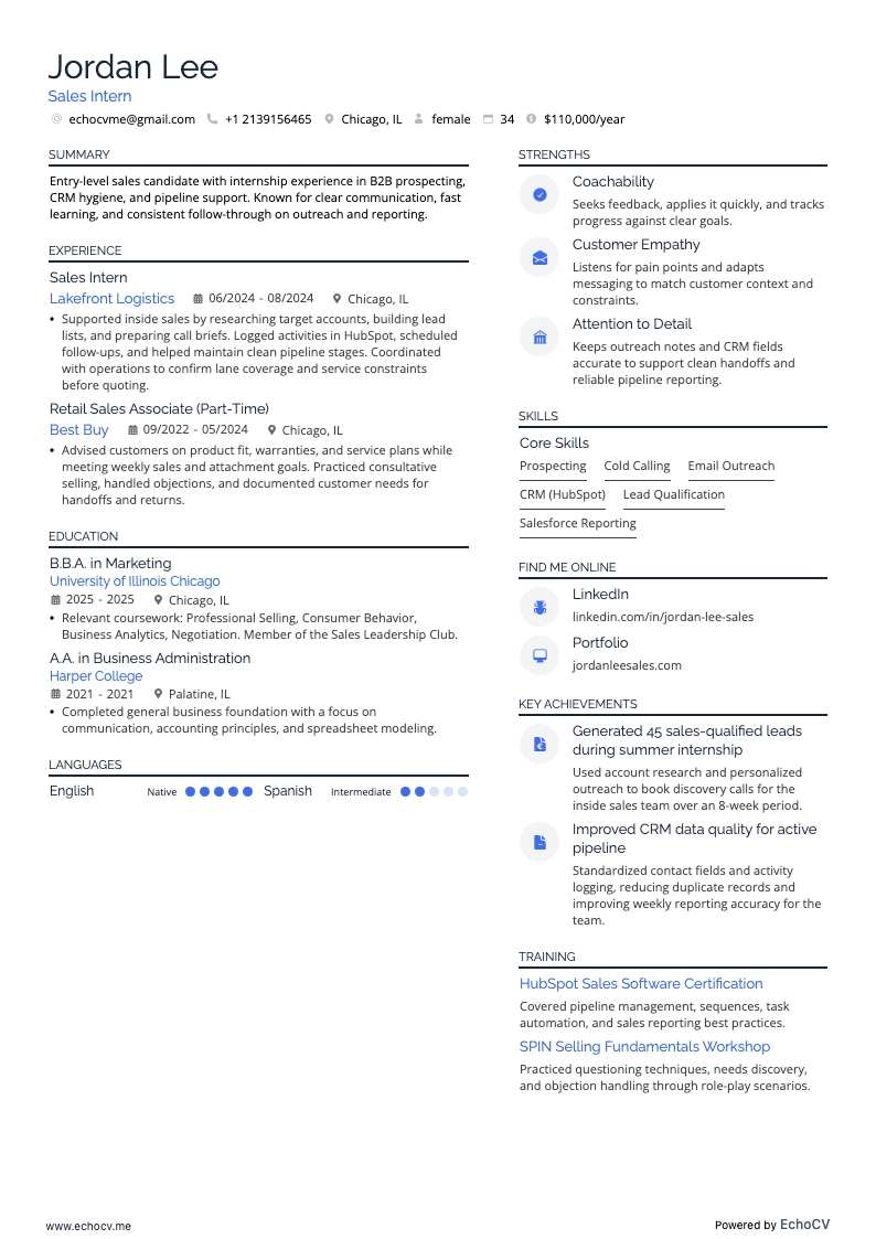 신입 영업 resume example