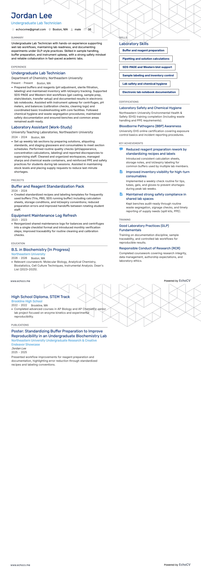 Undergraduate Lab Technician example resume