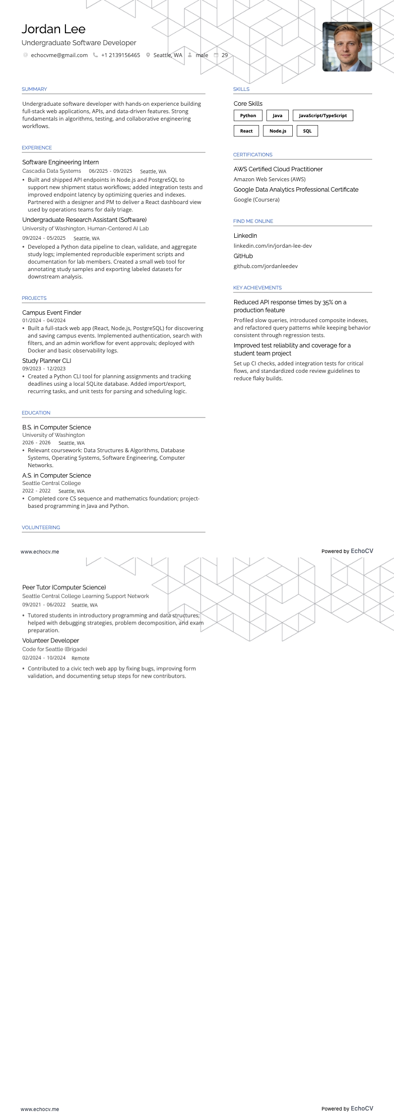 Undergraduate Software Developer example resume