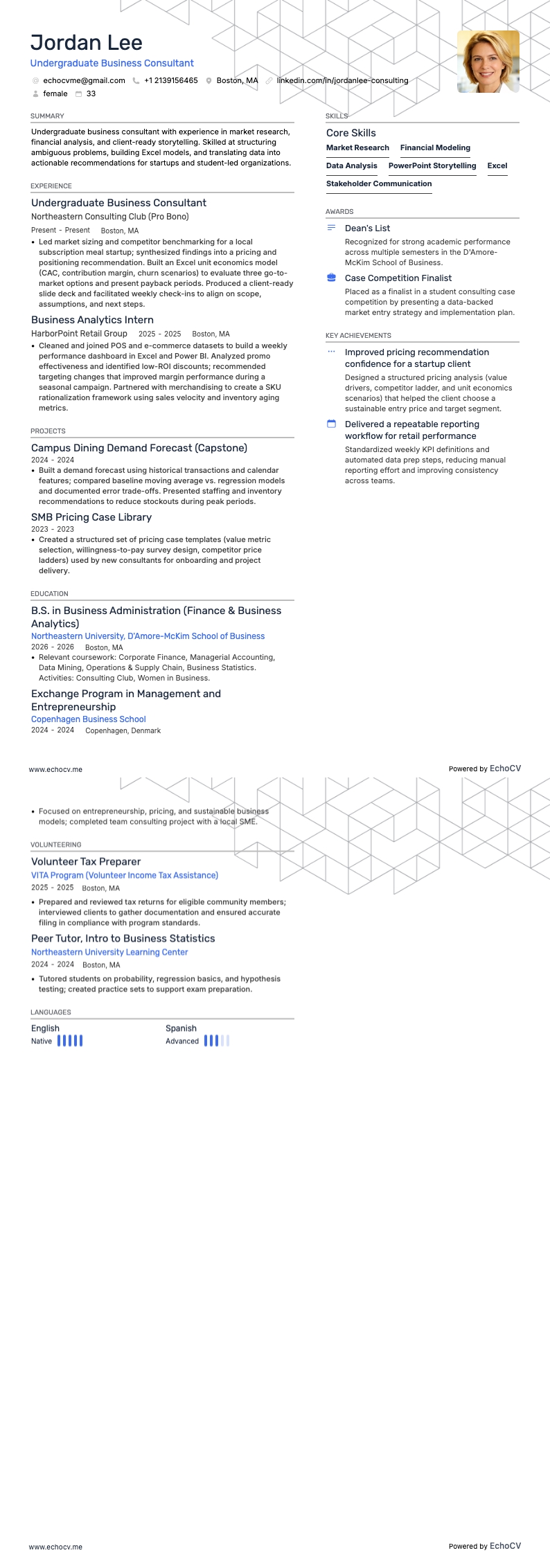 Undergraduate Business Consultant example resume