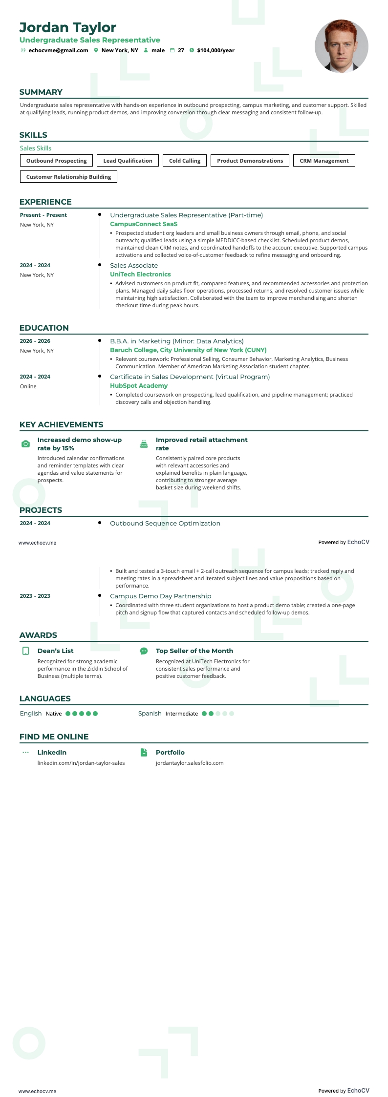 Undergraduate Sales Representative example resume