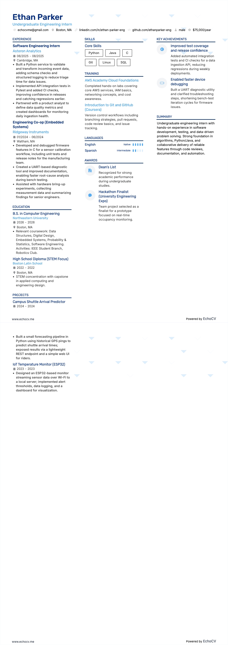 Undergraduate Engineering Intern example resume